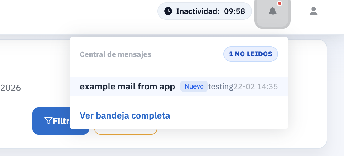 Campanita de alertas con no leídos y acceso a bandeja