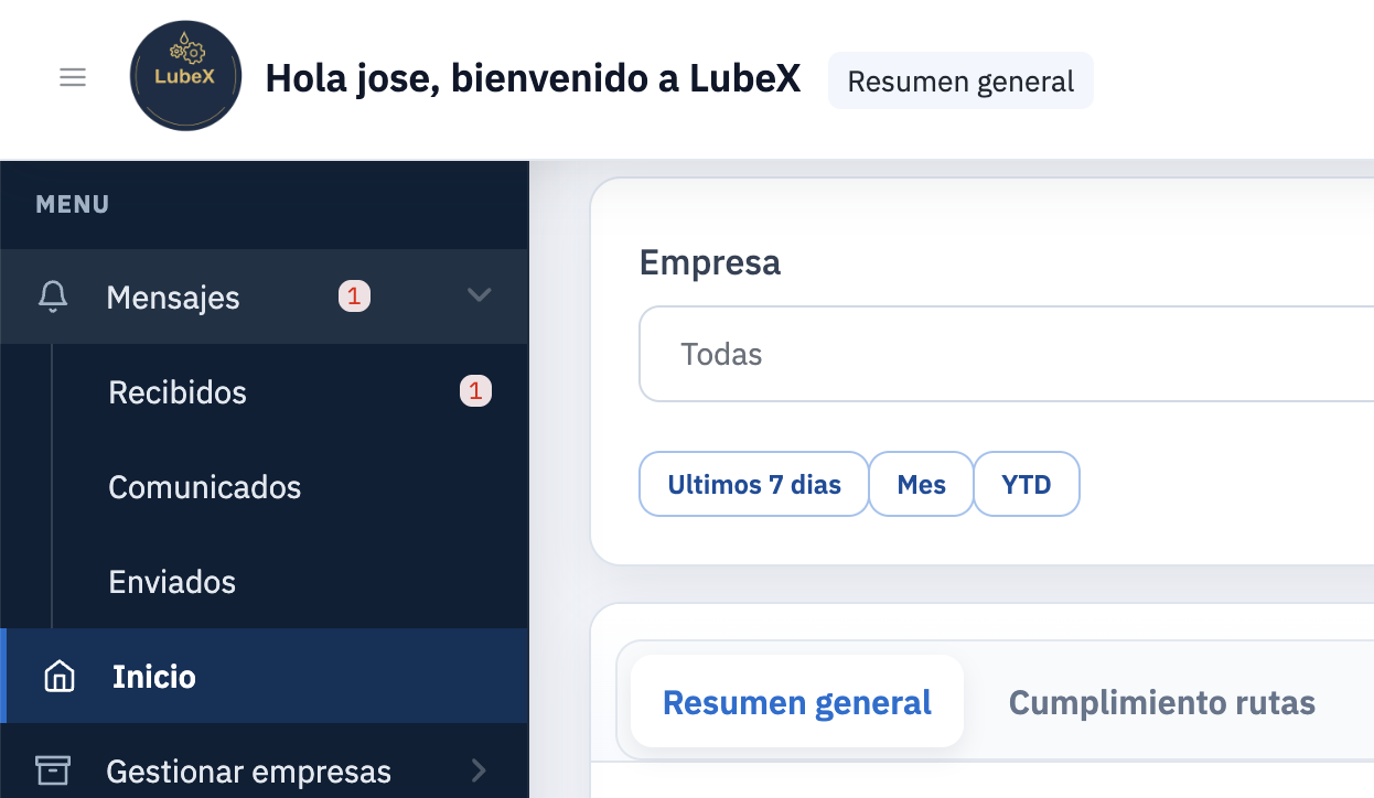 Sidebar con módulo de mensajes anidado en LubeX