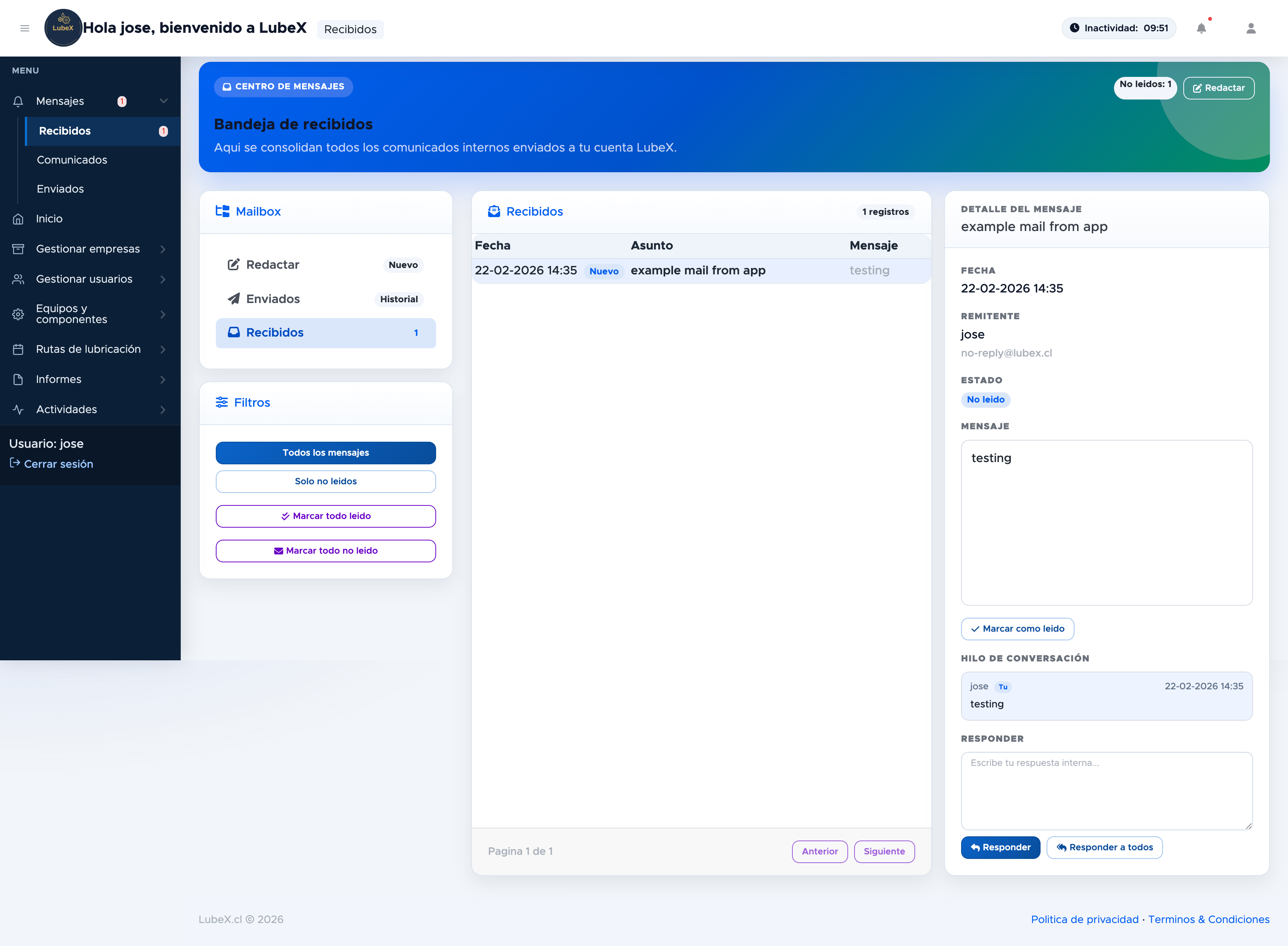 Inbox de LubeX con detalle, hilo y respuesta